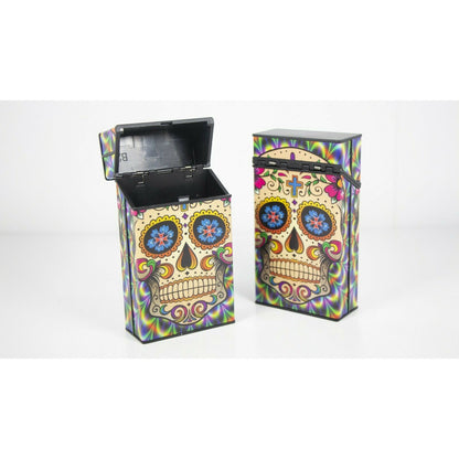 Push Open Plastic Cigarette Cases Pack of 12 - 100’s Size Sugar Skull Glow in Dark Cigarette Holder - Compact and Portable - Durable Hard Plastic Box with Push Open Lid - Crush-Proof & Sturdy