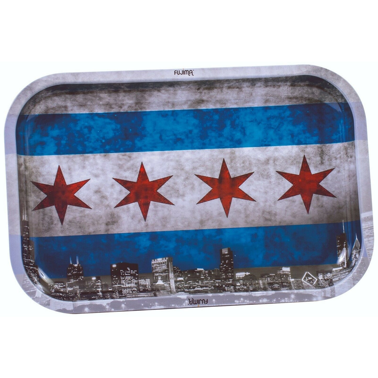 Premium Metal Rolling Tray - Lightweight, Curved Edges, and Smooth Surface - Elegant and Sleek with Beautiful Print - Portable & Travel Size Tray -  Perfect Herb Accessories - Chicago Flag with Skyline 2