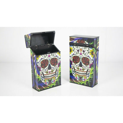 Push Open Plastic Cigarette Cases Pack of 12 - 100’s Size Sugar Skull Glow in Dark Cigarette Holder - Compact and Portable - Durable Hard Plastic Box with Push Open Lid - Crush-Proof & Sturdy