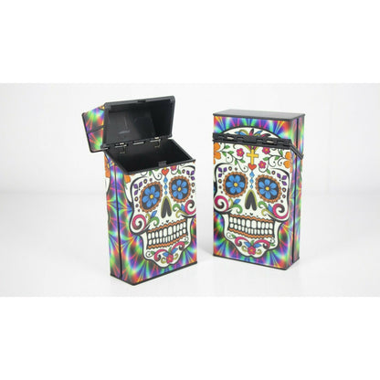 Push Open Plastic Cigarette Cases Pack of 12 - 100’s Size Sugar Skull Glow in Dark Cigarette Holder - Compact and Portable - Durable Hard Plastic Box with Push Open Lid - Crush-Proof & Sturdy