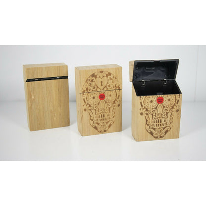 Push Open Plastic Cigarette Cases Pack of 12 - King’s Size Wooden Finish Sugar Skull Cigarette Holder - Compact and Portable - Durable Hard Plastic Box with Push Open Lid - Crush-Proof & Sturdy