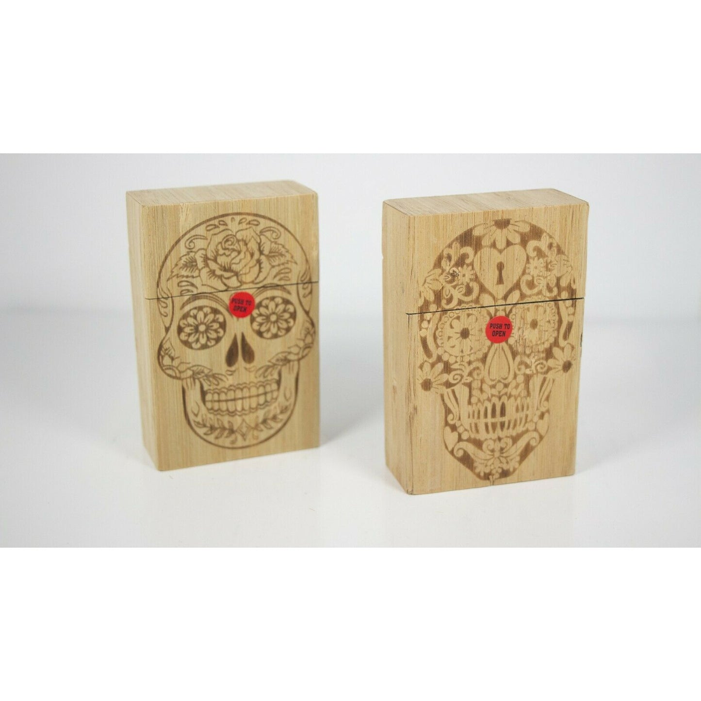 Push Open Plastic Cigarette Cases Pack of 12 - King’s Size Wooden Finish Sugar Skull Cigarette Holder - Compact and Portable - Durable Hard Plastic Box with Push Open Lid - Crush-Proof & Sturdy