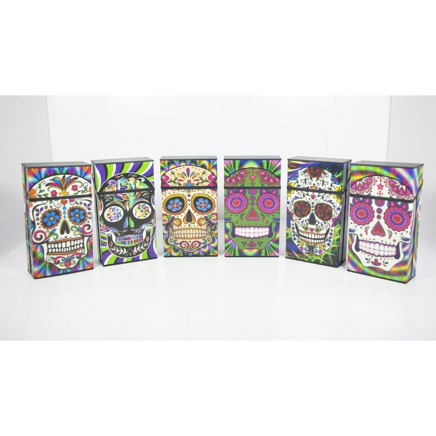 Push Open Plastic Cigarette Cases Pack of 12 - 100’s Size Sugar Skull Glow in Dark Cigarette Holder - Compact and Portable - Durable Hard Plastic Box with Push Open Lid - Crush-Proof & Sturdy