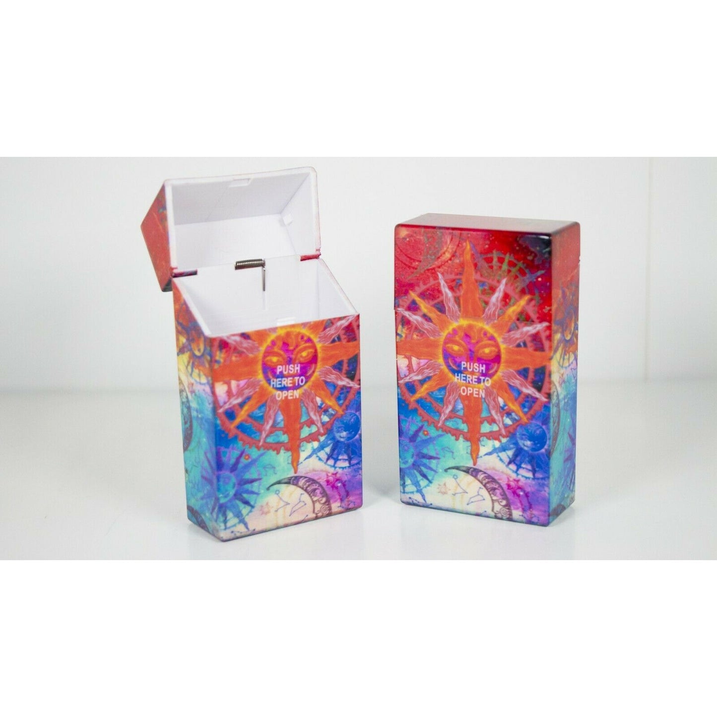 Push Open Plastic Cigarette Cases - King Size Psychedelic Design Glow in Dark Cigarette Holder - Compact and Portable - Durable Hard Plastic Box with Push Open Lid - Crush-Proof & Sturdy