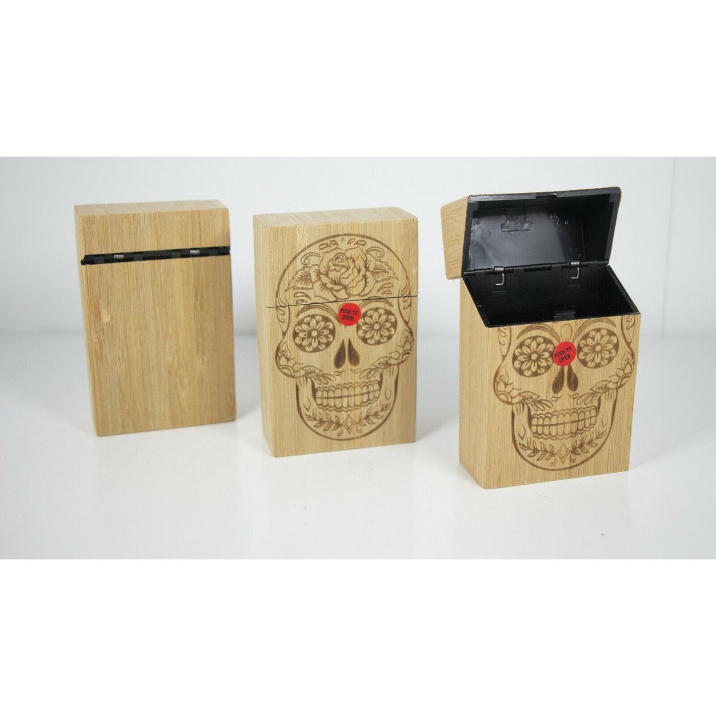 Push Open Plastic Cigarette Cases Pack of 12 - King’s Size Wooden Finish Sugar Skull Cigarette Holder - Compact and Portable - Durable Hard Plastic Box with Push Open Lid - Crush-Proof & Sturdy