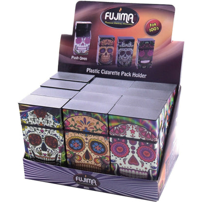 Push Open Plastic Cigarette Cases Pack of 12 - 100’s Size Sugar Skull Glow in Dark Cigarette Holder - Compact and Portable - Durable Hard Plastic Box with Push Open Lid - Crush-Proof & Sturdy