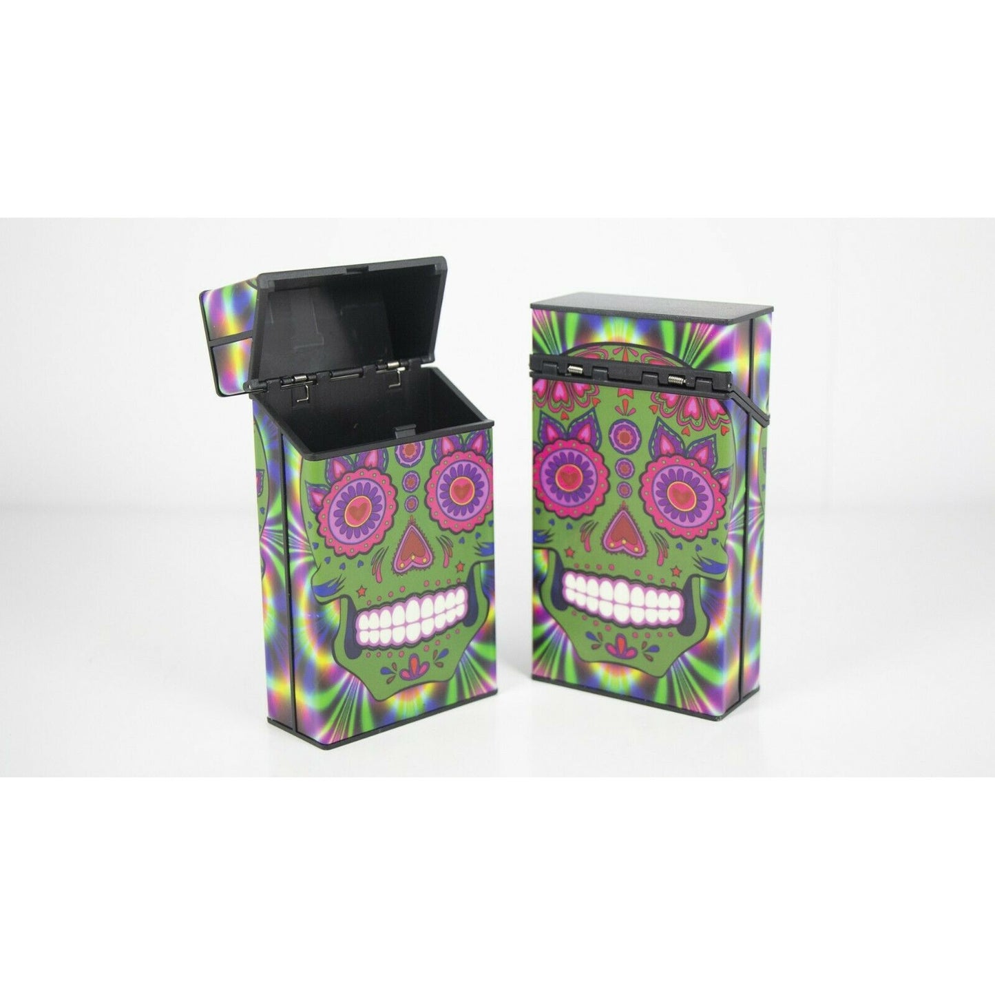 Push Open Plastic Cigarette Cases Pack of 12 - 100’s Size Sugar Skull Glow in Dark Cigarette Holder - Compact and Portable - Durable Hard Plastic Box with Push Open Lid - Crush-Proof & Sturdy