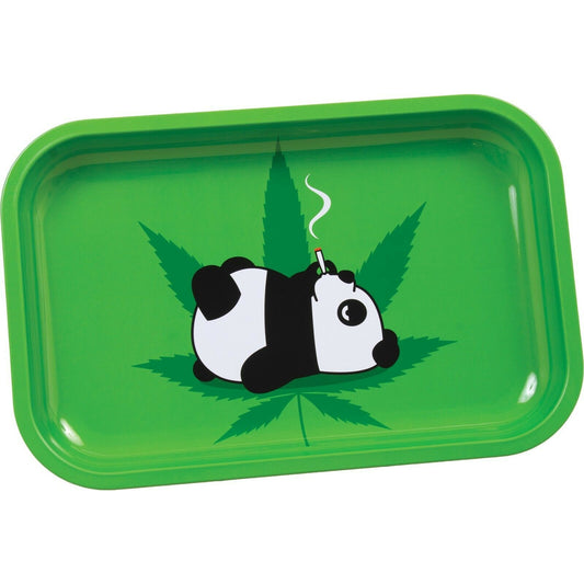 Premium Metal Rolling Tray - Lightweight, Curved Edges, & Smooth Surface - Elegant and Sleek with Green Print - Portable & Travel Size Tray -  Perfect Herb Accessories - Smoking Panda with Leaf