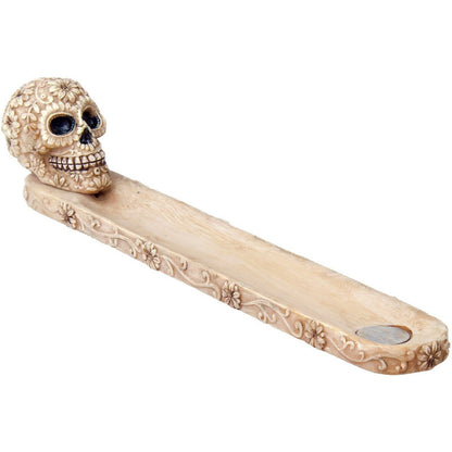 Poly Resin Sugar Skull Incense Stick and Cone Burner Holder for Meditation Yoga, Aromatherapy, Home Fragrance, Birthday Housewarming Gifts, Display Stand Figurine Scary Fantasy Halloween Decorations